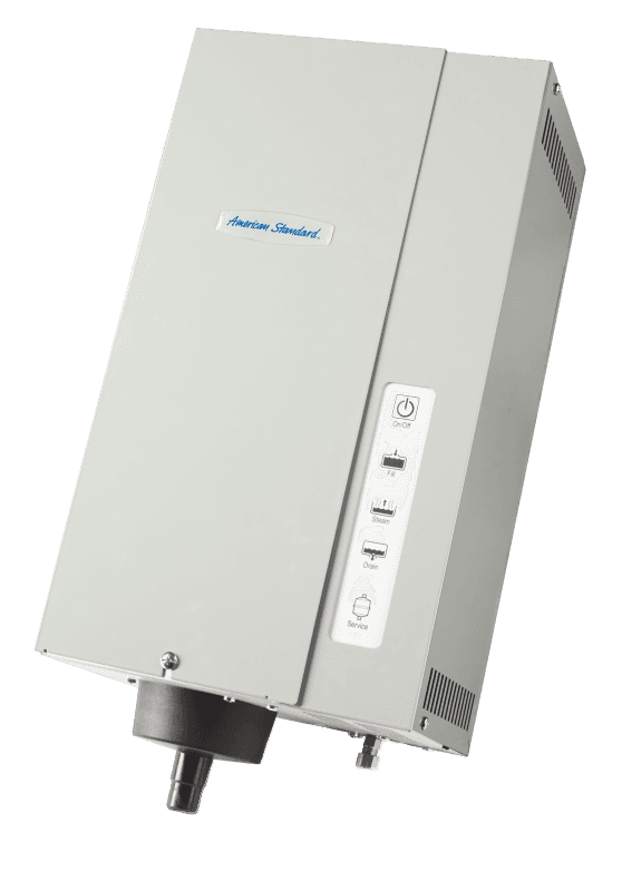 A steam humidifier with light gray box, blue American Standard logo and black buttons with icons.